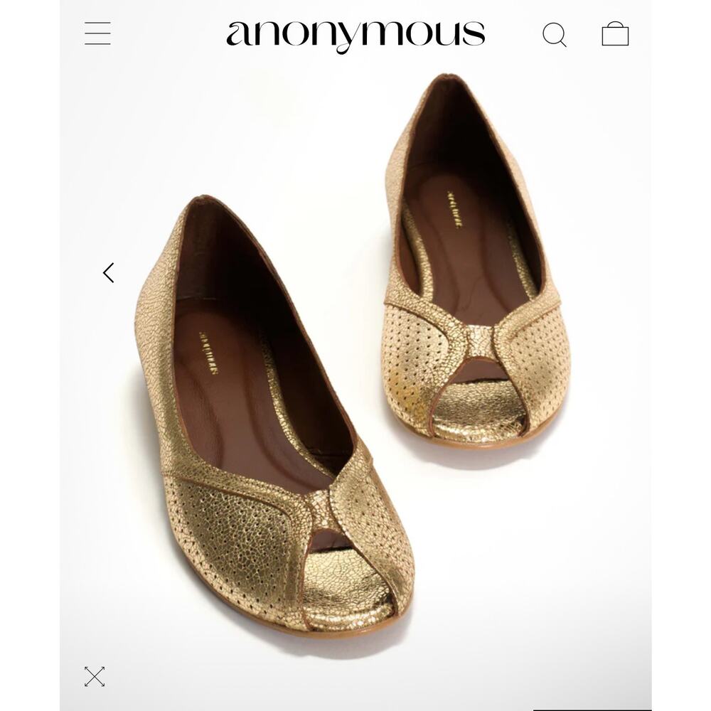 Anonymous Copenhagen Tiffy Peep Toe Flats Comfort Goat Leather Gold Bridal Sz 41